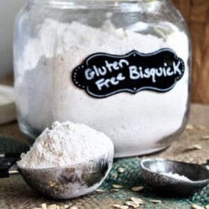 A glass jar of homemade gluten free flour mix.