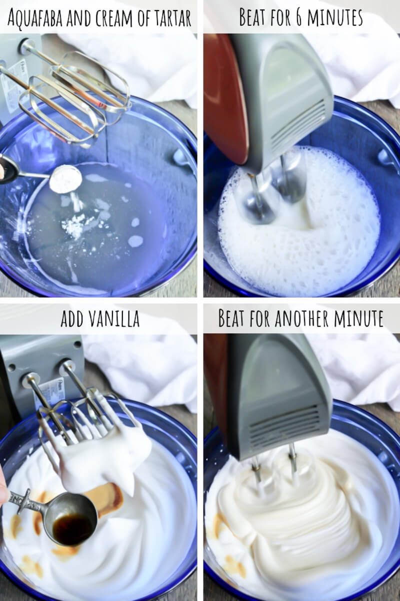 A series of 4 pictures showing the steps of whipping the aquafaba for the vegan angel food cake.