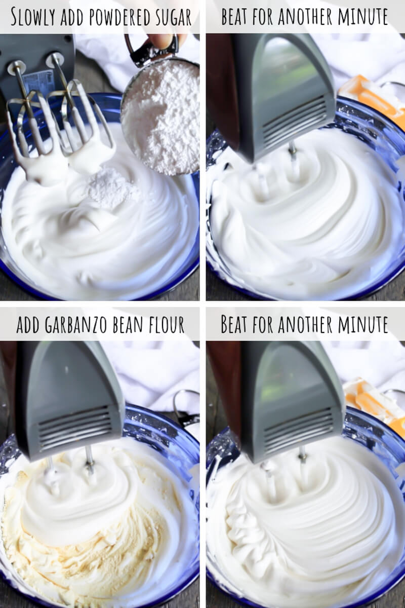 A series of four pictures showing adding the powdered sugar and garbanzo bean flour to the aquafaba to make a vegan angel food cake.