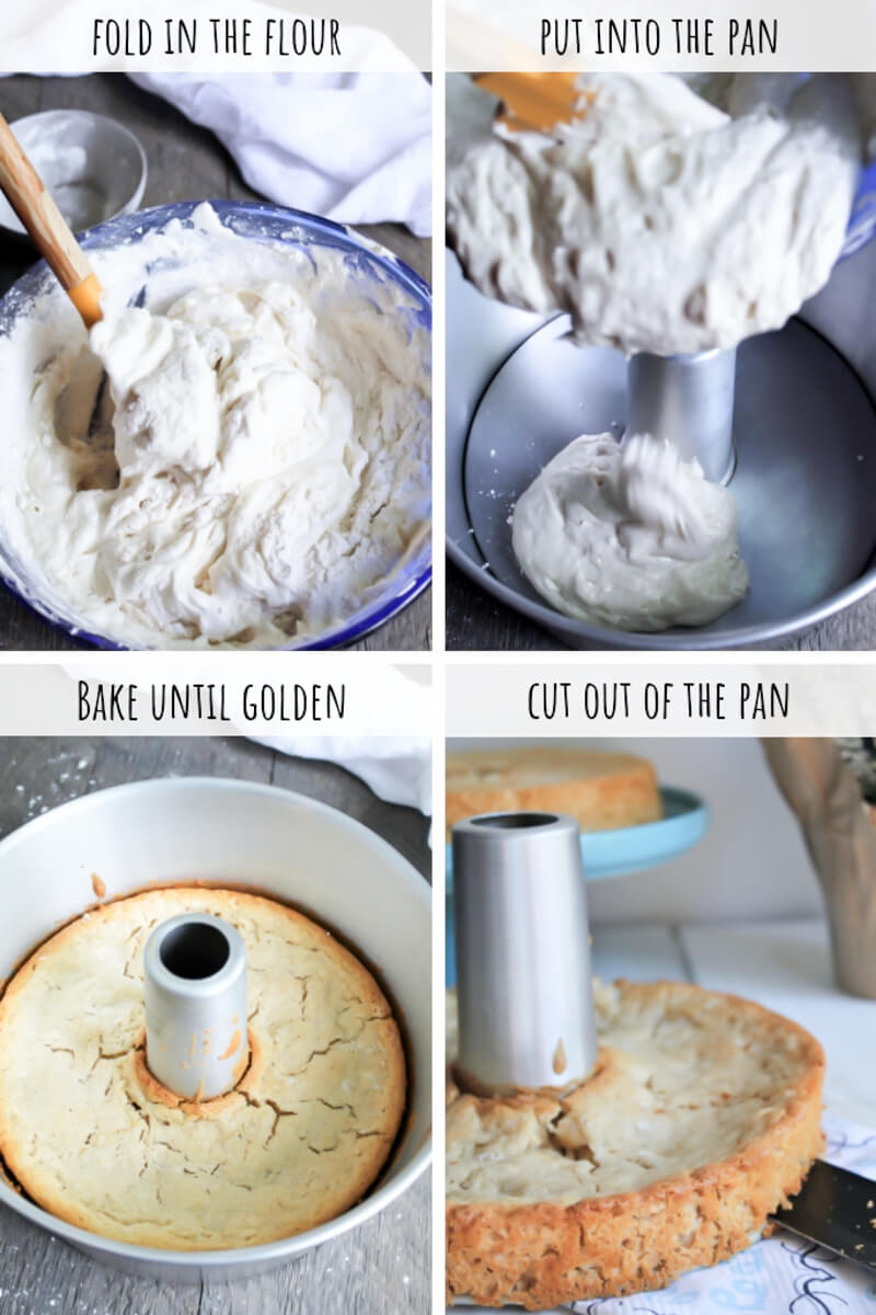 A series of 4 pictures showing the steps of folding in the flour, adding batter to the pan, baking and cutting the vegan angel food cake.