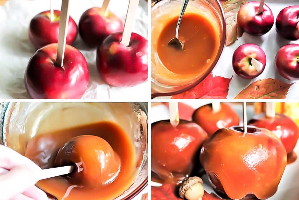 A collage of 4 pictures showing the process steps for dipping apples into caramel to make vegan caramel apples.