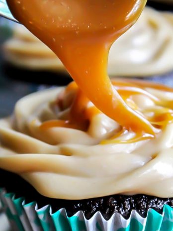 A gluten free vegan chocolate cupcake with vegan caramel frosting.