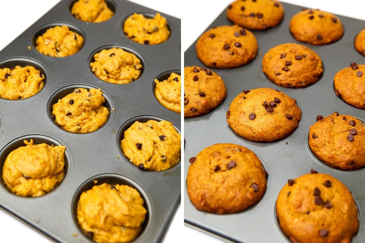 A collage of two pictures showing the pumpkin muffin batter in the tins before and after baking.