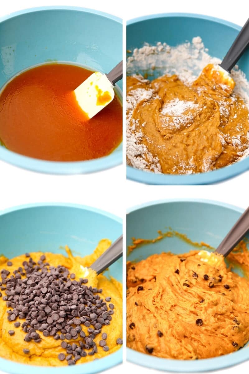 A collage of 4 pictures showing the process steps for making vegan pumpkin muffins by mixing the wet ingredients, add the dry and mixing, then stirring in the chocolate chips.