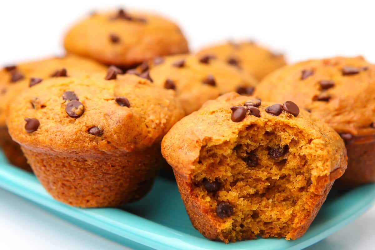 A plate full of vegan chocolate chip pumpkin muffins. One has a bite taken out of it.