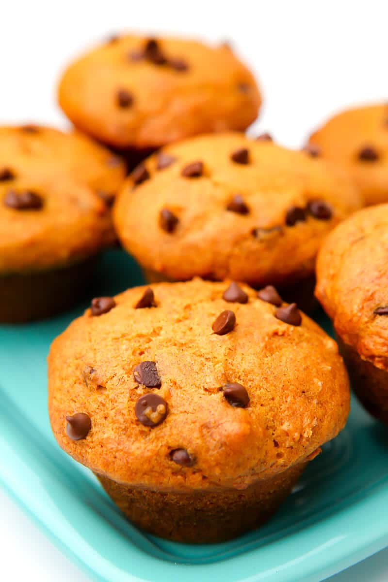 A group of 6 dairy-free pumpkin muffins with chocolate chips on a turquoise plate.