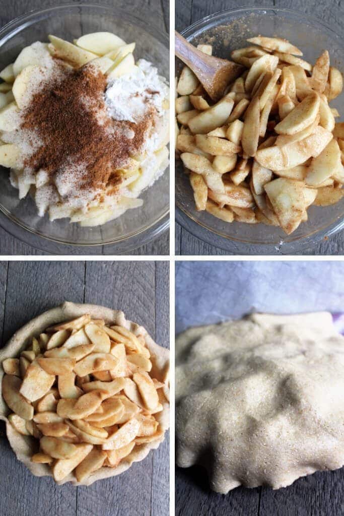 A series of 4 pictures showing the process steps of making the apple filling and assembling the apple pie.