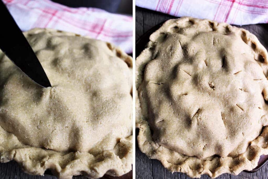 A series of 2 pictures showing the gluten free vegan pie being cut before baking.