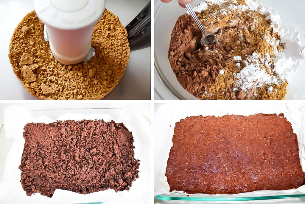 Four images showing the process of mixing graham cracker with powdered, cocoa powder, salt, vanilla, and melted butter.