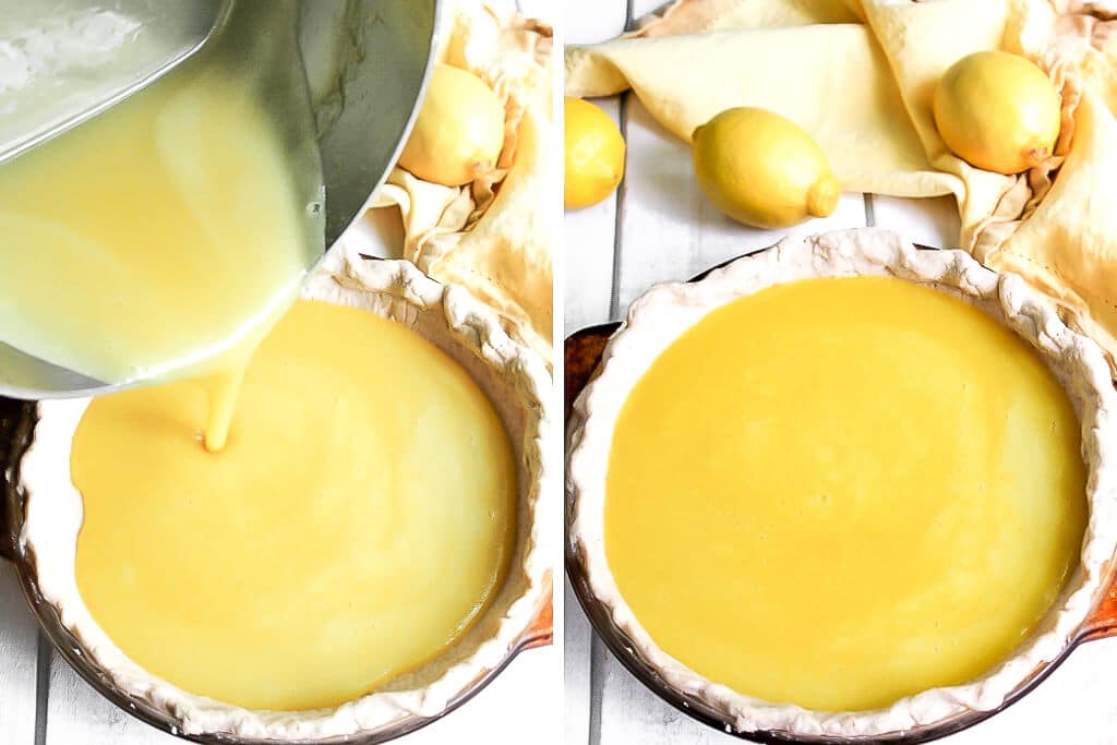 Two photos showing the lemon curd being poured into the pie crust. 