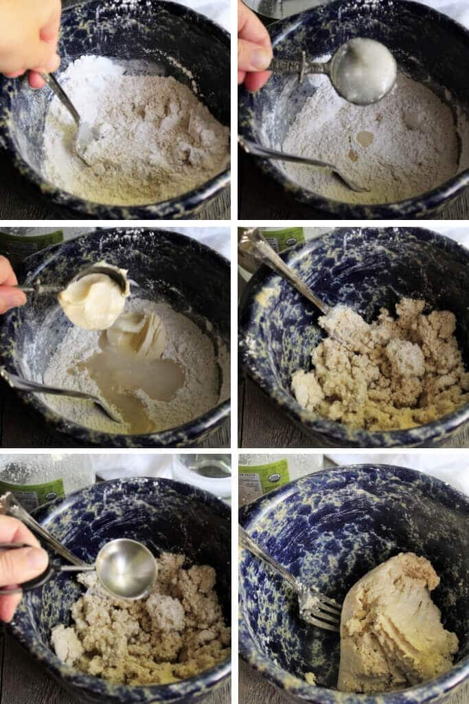 Six steps showing the process of making the pie crust dough. 