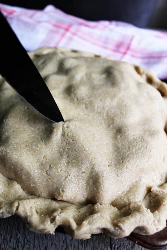 A vegan pie crust used to top and apple pie.