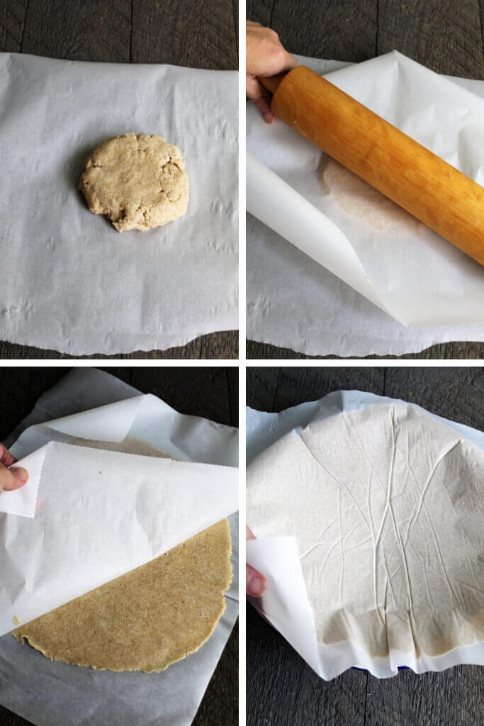 A series of 4 pictures showing the step for rolling out gluten free vegan pie crust to make an apple pie.