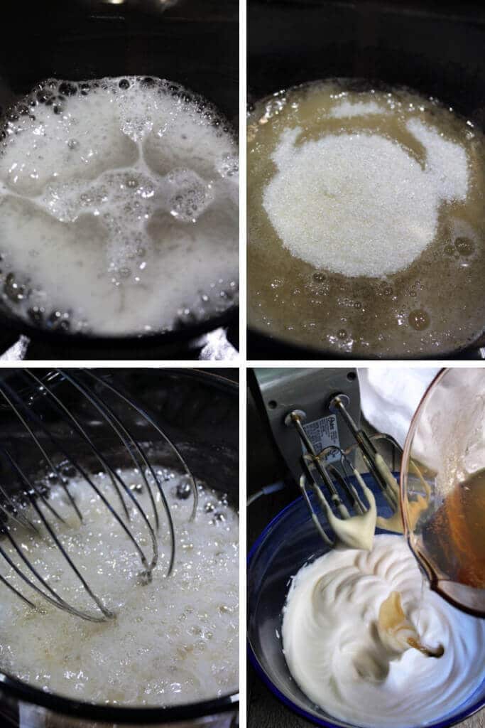 A series of 4 pictures showing the steps of melting the agar agar and adding sugar to make a syrup to add to the meringue that will set the aquafaba.