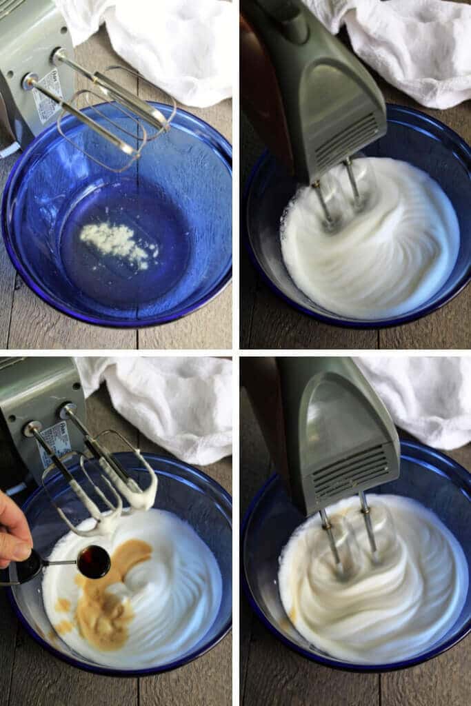 A series of 4 pictures showing the steps for making perfect vegan aquafaba meringue.