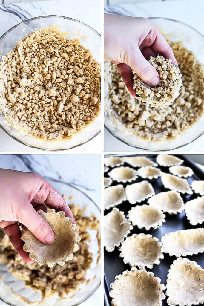 A series of 4 pictures showing the step to make a crumbly dough to fill the tartlet tins and how to bake them on a cookie sheet.