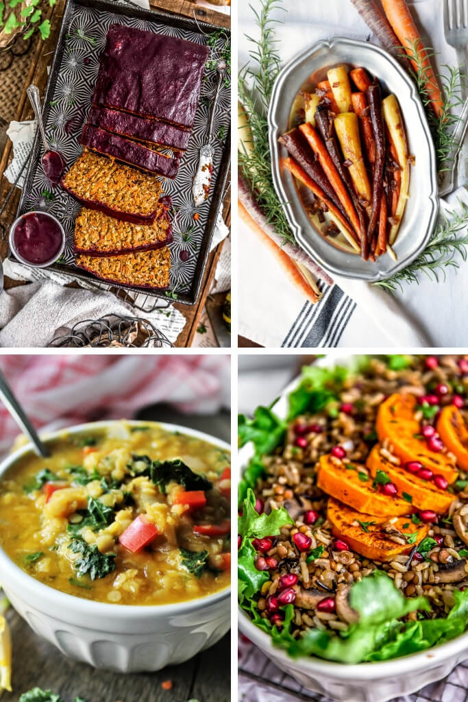 A collage of 4 pictures showing a lentil loaf, carrots, pumpkin soup, and lentil pilaf as samples of gluten free vegan Thanksgiving recipe options. 