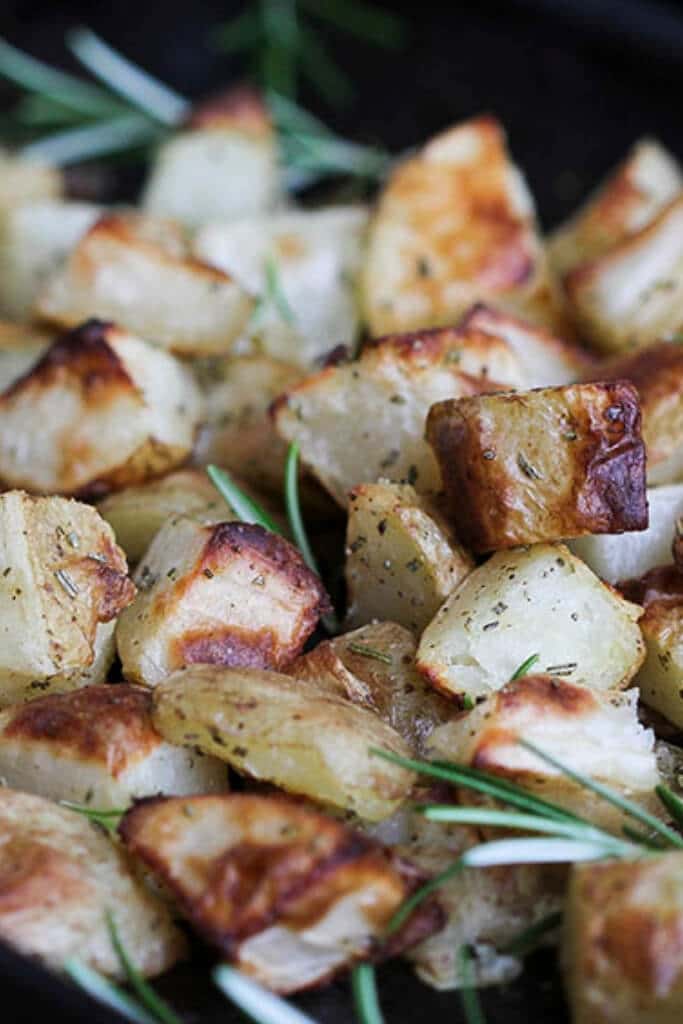Rosemary roasted potatoes for a classic gluten free vegan Thanksgiving side.