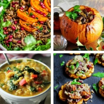 A series for 4 pictures showing samples of gluten free vegan Thanksgiving recipes.