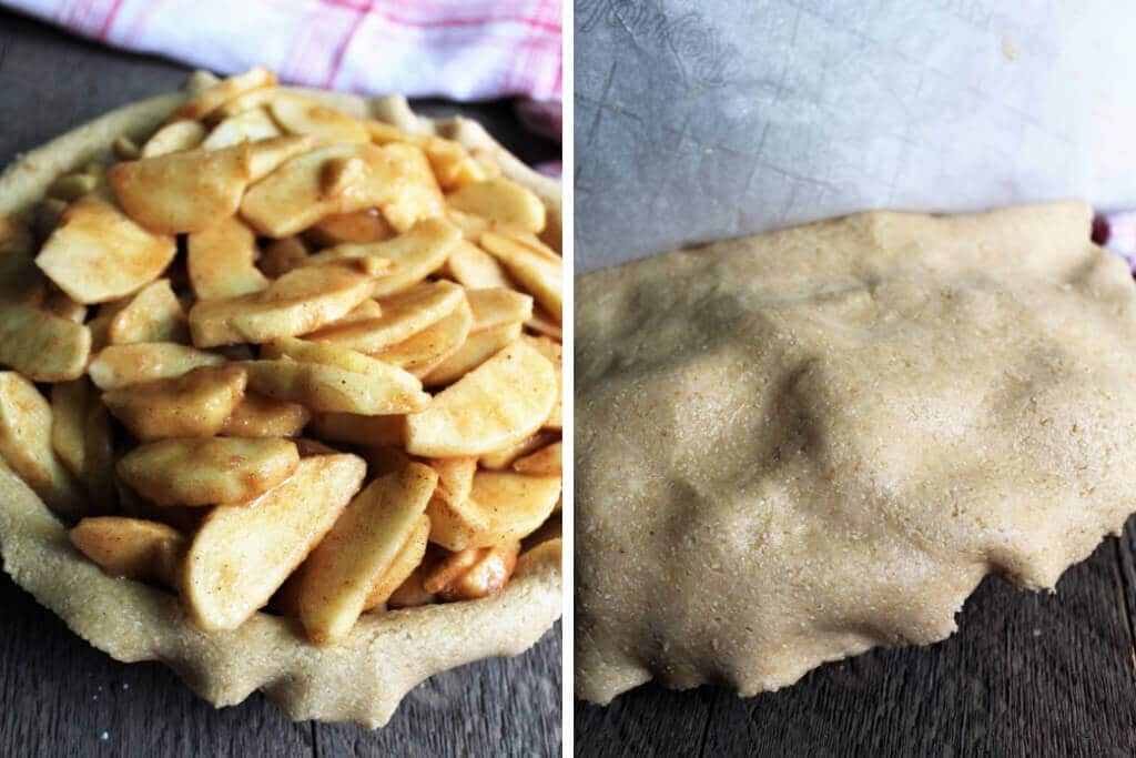 A series of 2 pictures showing this vegan pie crust recipe working as both a bottom and top crust.