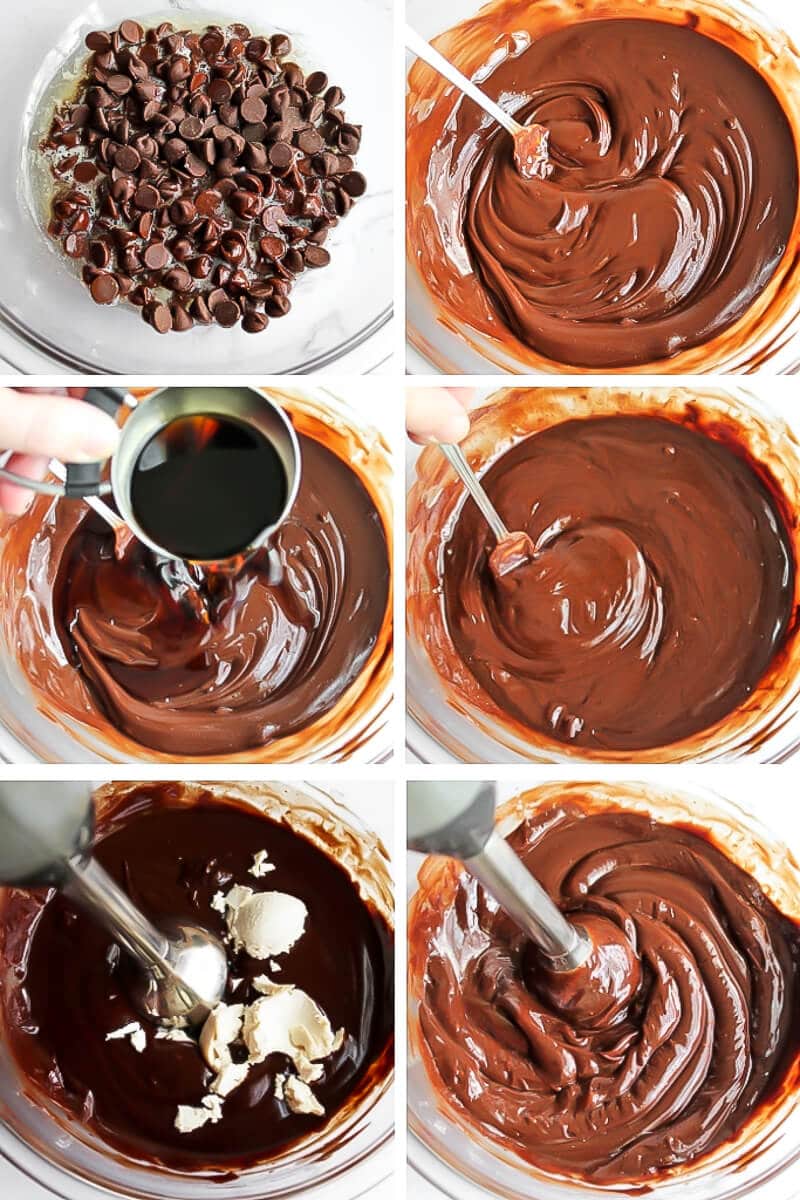A series of 6 pictures showing the process steps of melting the chocolate and vegan butter and adding the Kahlua and tofu and blending to make the vegan chocolate truffles.