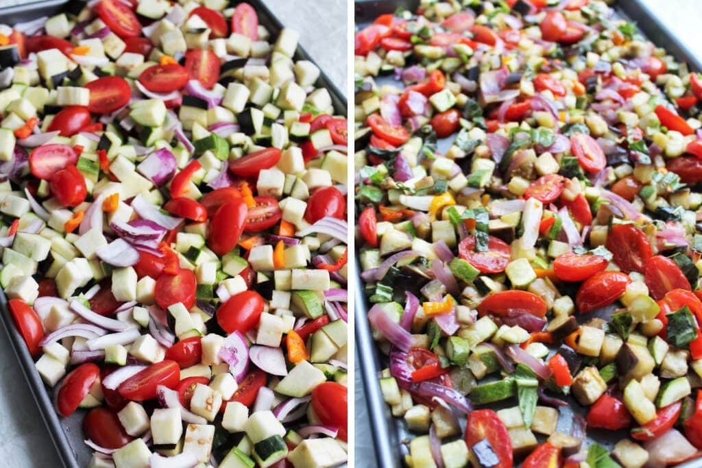 A series of 2 pictures showing veggies before and after roasting following the easy ratatouille recipe. 