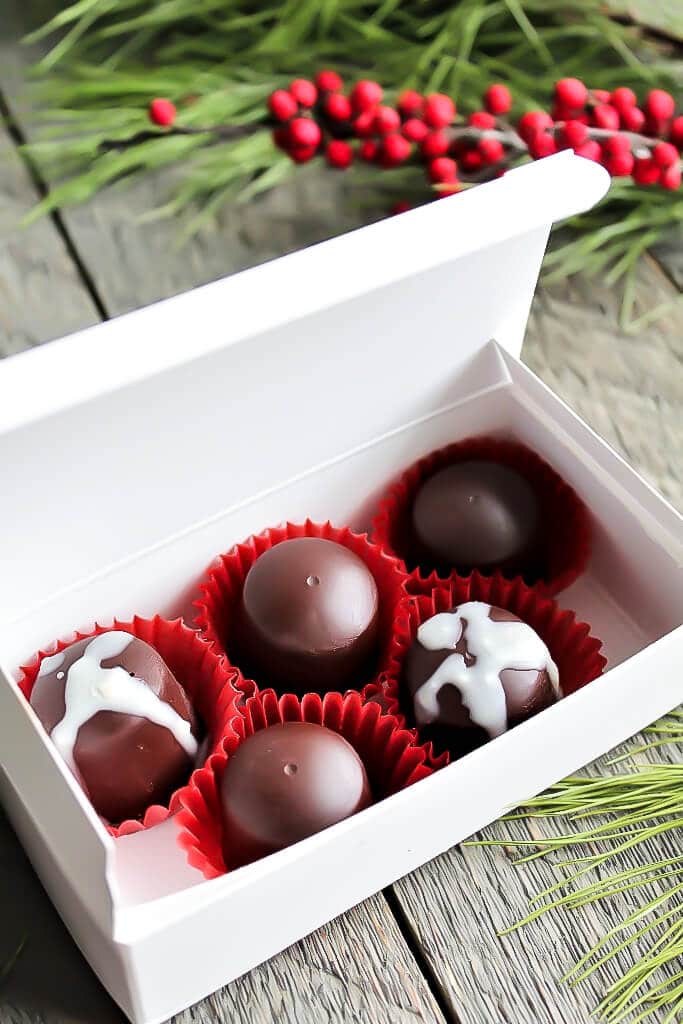 A box of homemade vegan chocolates for a Christmas gift.