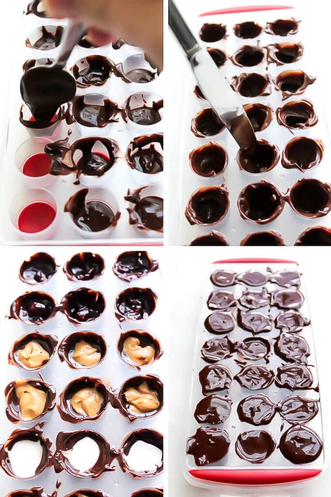 A series of 4 pictures showing the process steps of filling the molds with melted chocolate, putting chocolate around the edges, filling the chocolates with peanut butter,jelly, and mint cream, and topping it off with more chocolate to make homemade vegan chocolates.