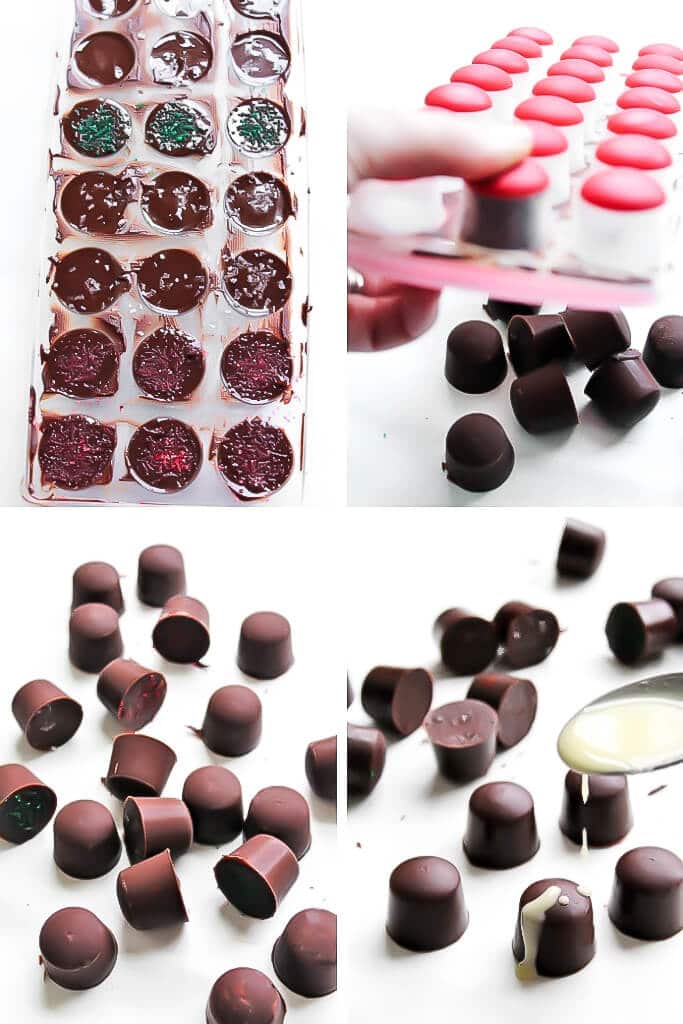A series of 4 pictures showing the process steps of getting the chocolates out of the mold.