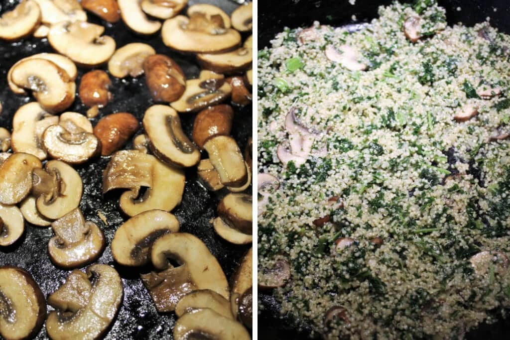 A collage of 2 pictures showing sautéing mushrooms and adding frozen quinoa and kale. 
