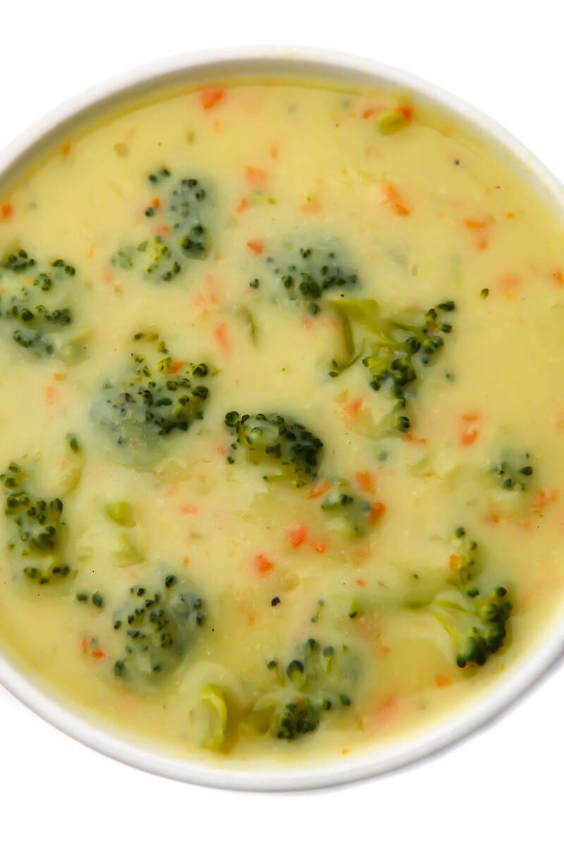 A top view of a bowl of cream of dairy-free broccoli soup