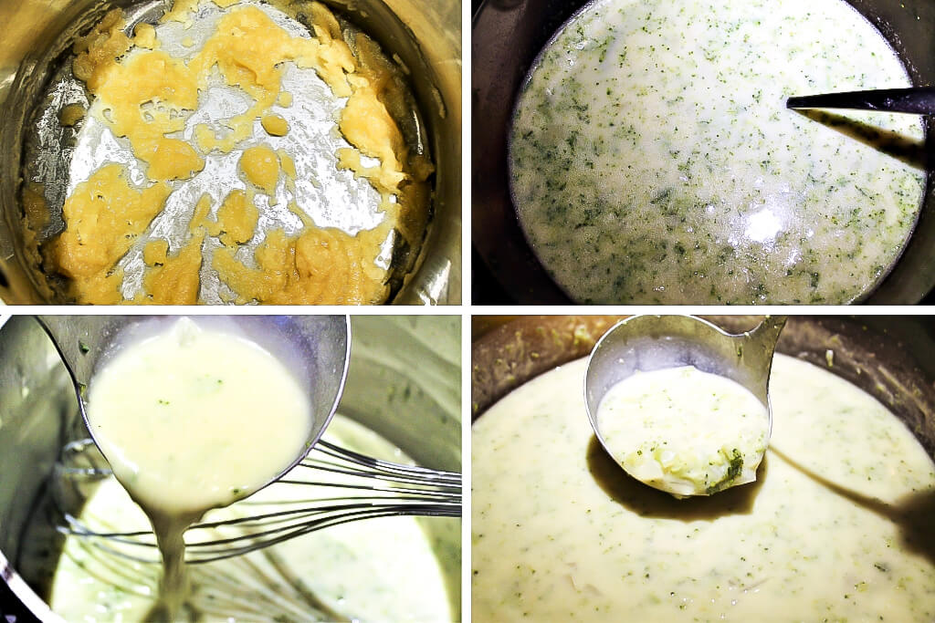 Gluten free vegan cream of broccoli soup. The pictures show making a roux and the broth and then adding the broth to the roux to make it creamy.