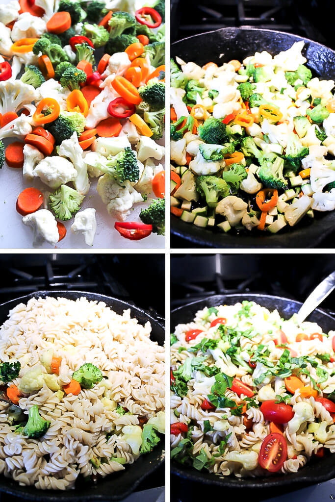 A series of 4 pictures showing the process steps of making the pasta primavera including chopping the veggies, sauteing the veggies, adding the pasta and topping with basil.
