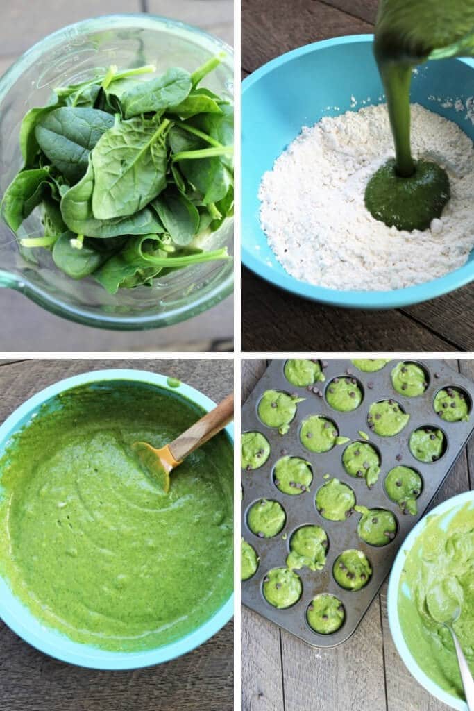 A series of 4 pictures showing the steps of using a blender to blend bananas and spinach and add it to gluten free flour to make mint chocolate chip green muffins. 