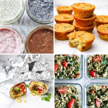 A collage of 4 pictures that show chia seed pudding, breakfast burritos, vegan egg muffins, and tofu scramble that you can make ahead and prep for a vegan breakfast.
