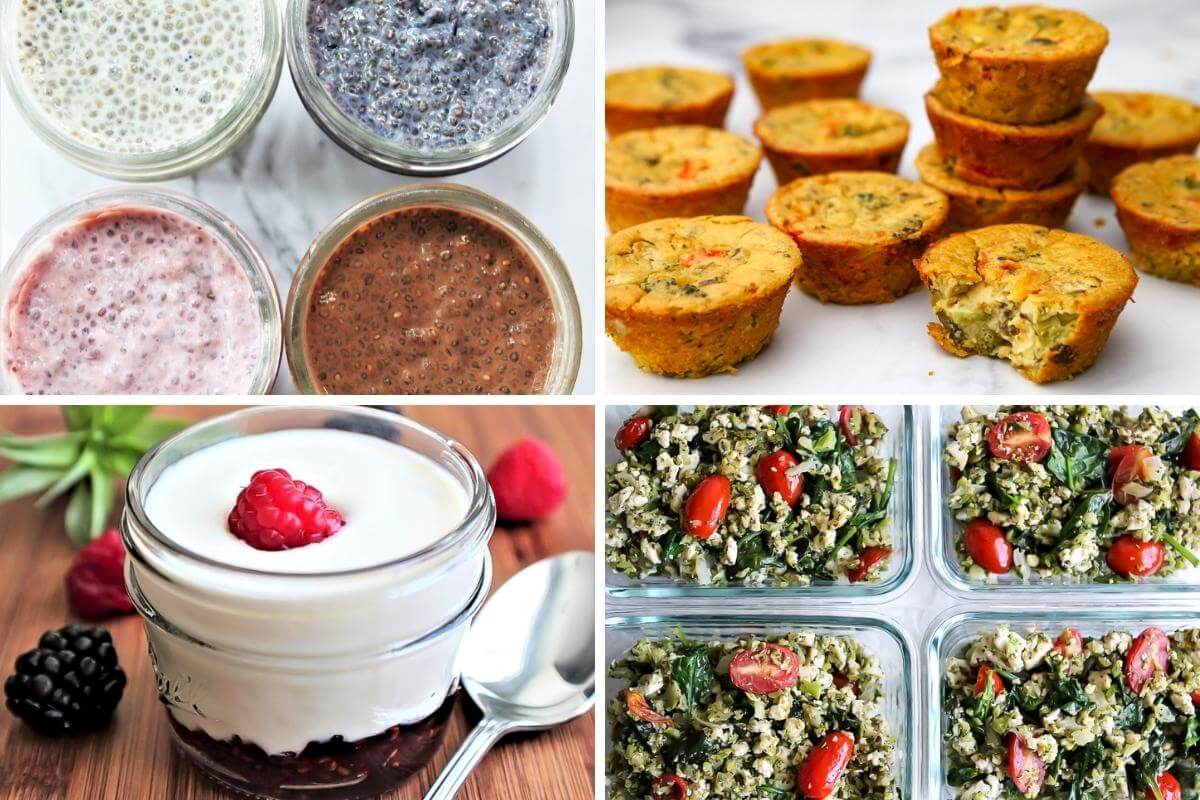 A collage of 4 images showing different vegan breakfast meal prep ideas.