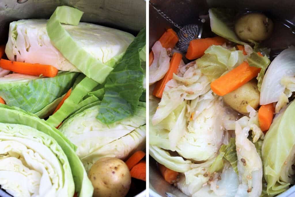 The potatoes, carrots, and cabbage before and after cooking in the corned beef brine.