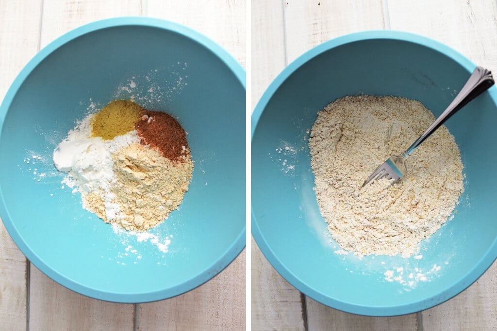 Two pictures showing the process of mixing the flours, herbs, and spices to make vegan popcorn chicken.