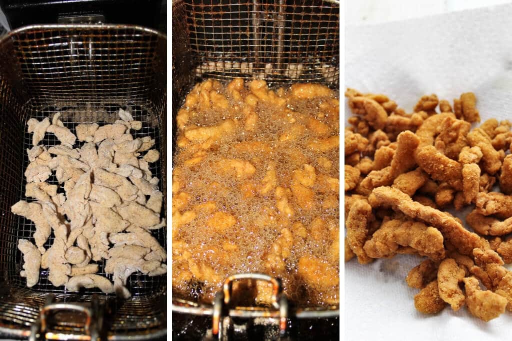 A collage of 3 pictures showing the process steps of before, during and after cooking the plant-based fried chicken nuggets. 