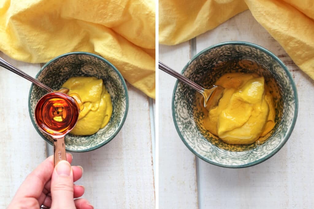 A collage of 2 pictures showing mixing the vegan honey with the mustard to make vegan honey mustard.