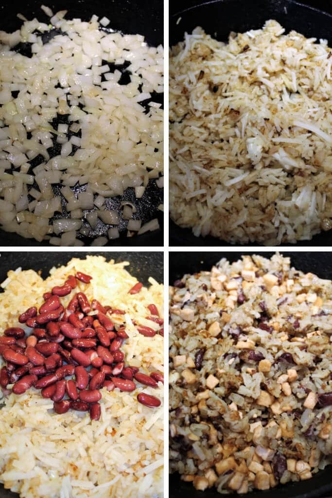 A collage of 4 pictures showing the process steps for making vegan breakfast hash in a skillet. Showing sauteing onions, potatoes, beans and tofu.