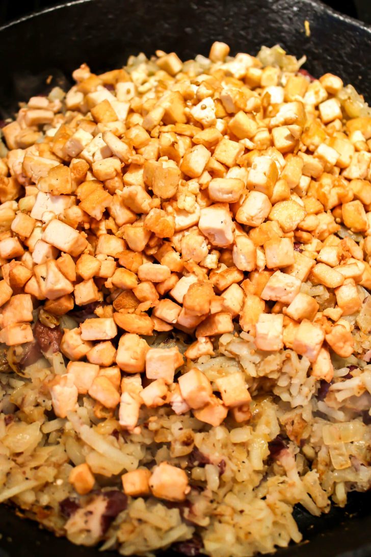 Tofu added to the vegan hash.