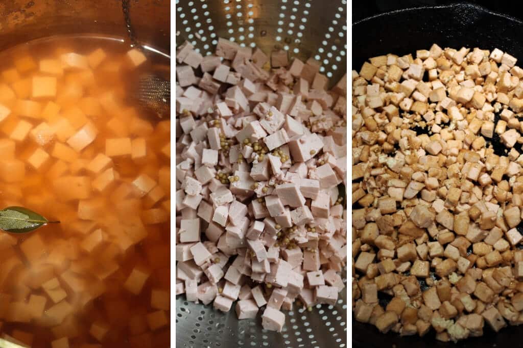 A collage of 3 pictures showing the process steps of boiling the tofu in brine, draining the tofu, and frying it in a skillet to make a vegan breakfast skillet.
