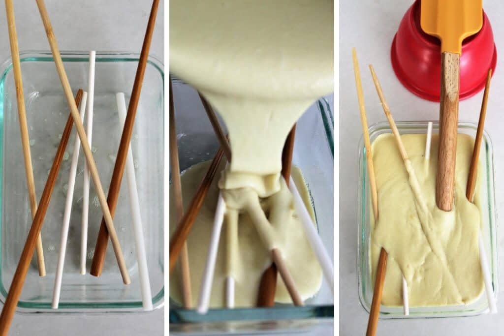 A collage of 3 pictures showing how to prepare the cheese mold with sticks to make the holes in the vegan Swiss cheese.