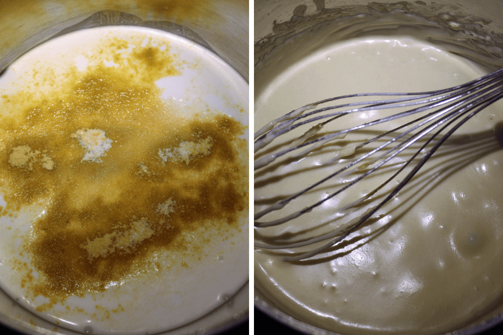 A collage of 2 pictures showing the process of making vegan Swiss cheese by adding all the ingredients to a saucepan and heating until smooth and boiling. 