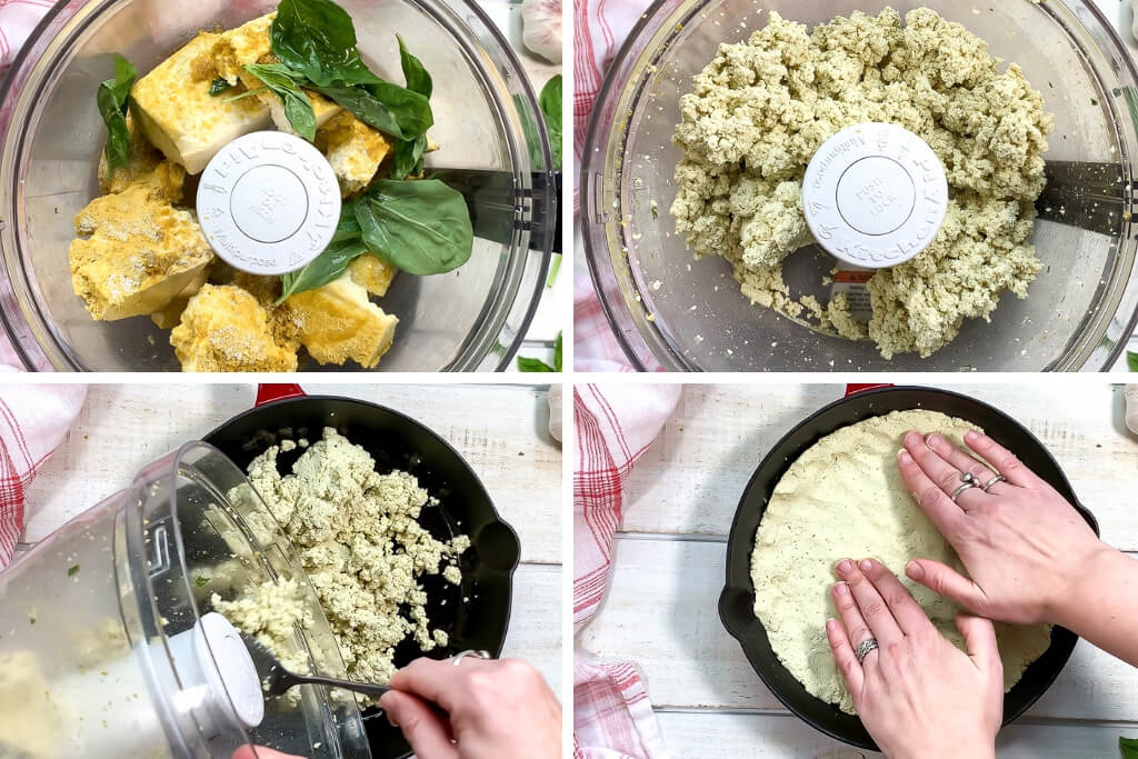 A college of 4 pictures showing the process steps of blending the tofu and spices then pressing it in an iron skillet to make low carb pizza crust.