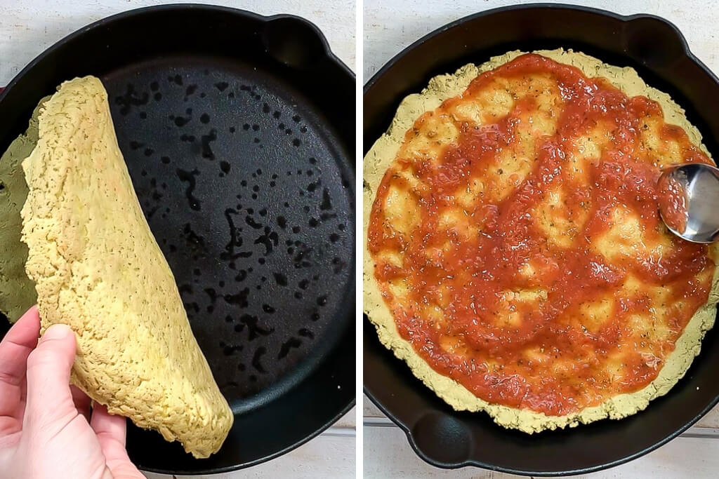A college of 2 pictures showing what the tofu pizza crust looks like when it has been baked enough to add the toppings.