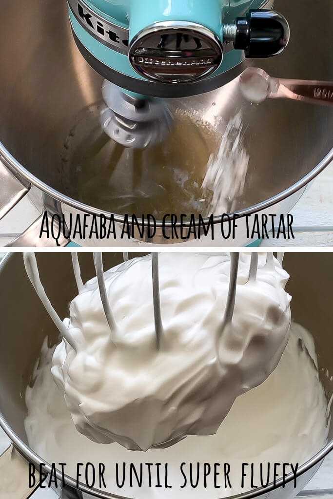 A college of 2 pictures showing aquafaba before and after it has been beaten.