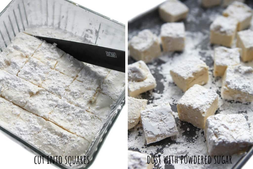 A college of 2 pictures showing cutting the vegan marshmallows and coating them in powdered sugar.
