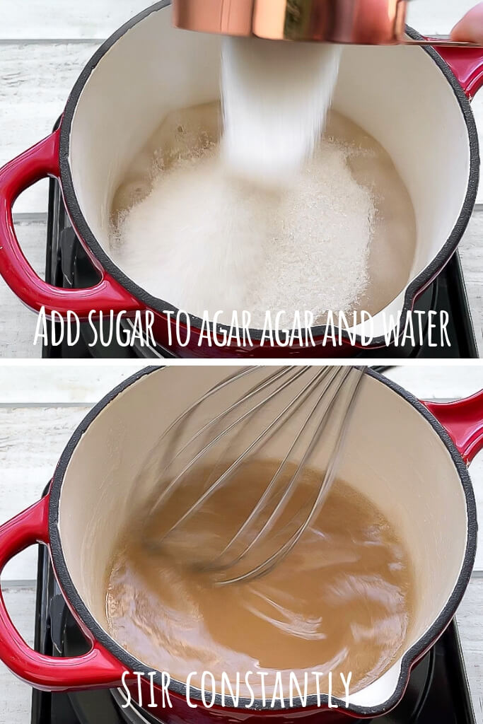 A college of 2 pictures showing the process of cooking the agar agar and sugar to add to the aquafaba to make vegan marshmallows.